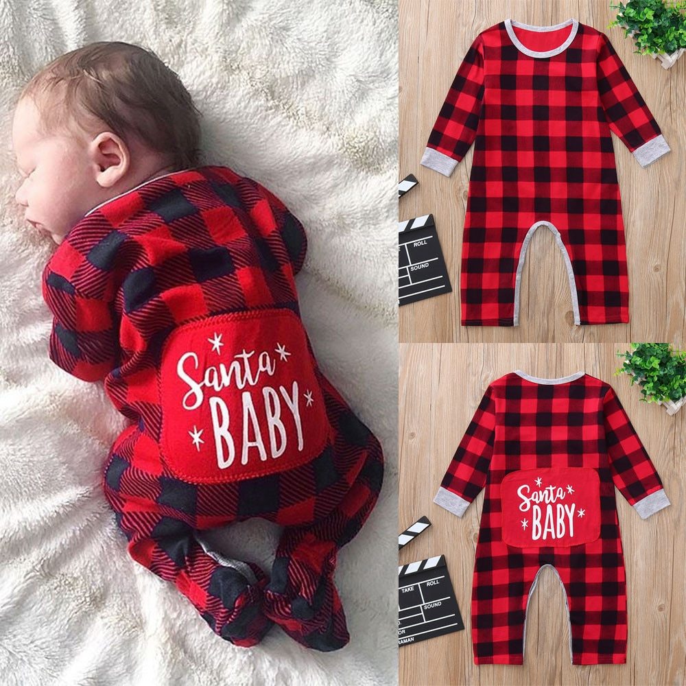 Infant Baby Boys Girls Christmas Santa XMAS Letter Plaid Romper Jumpsuit