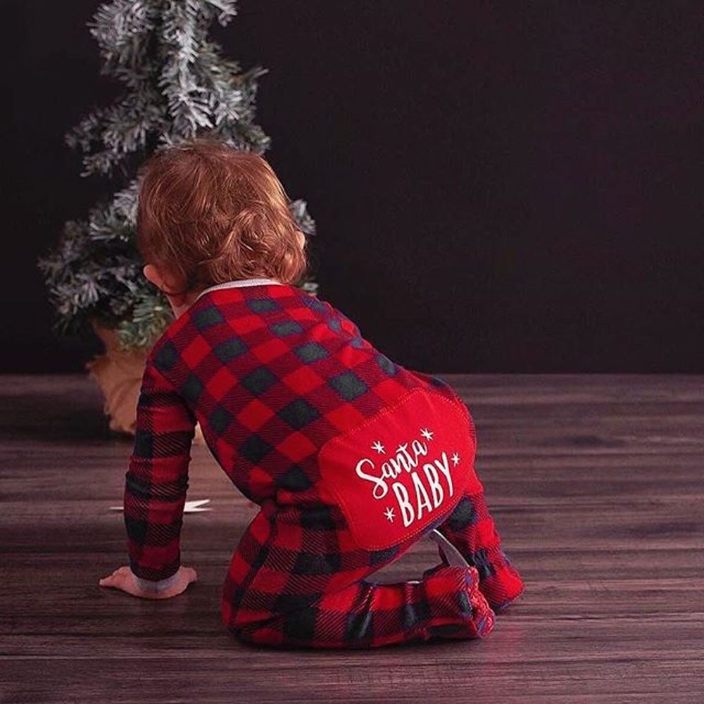 Infant Baby Boys Girls Christmas Santa XMAS Letter Plaid Romper Jumpsuit